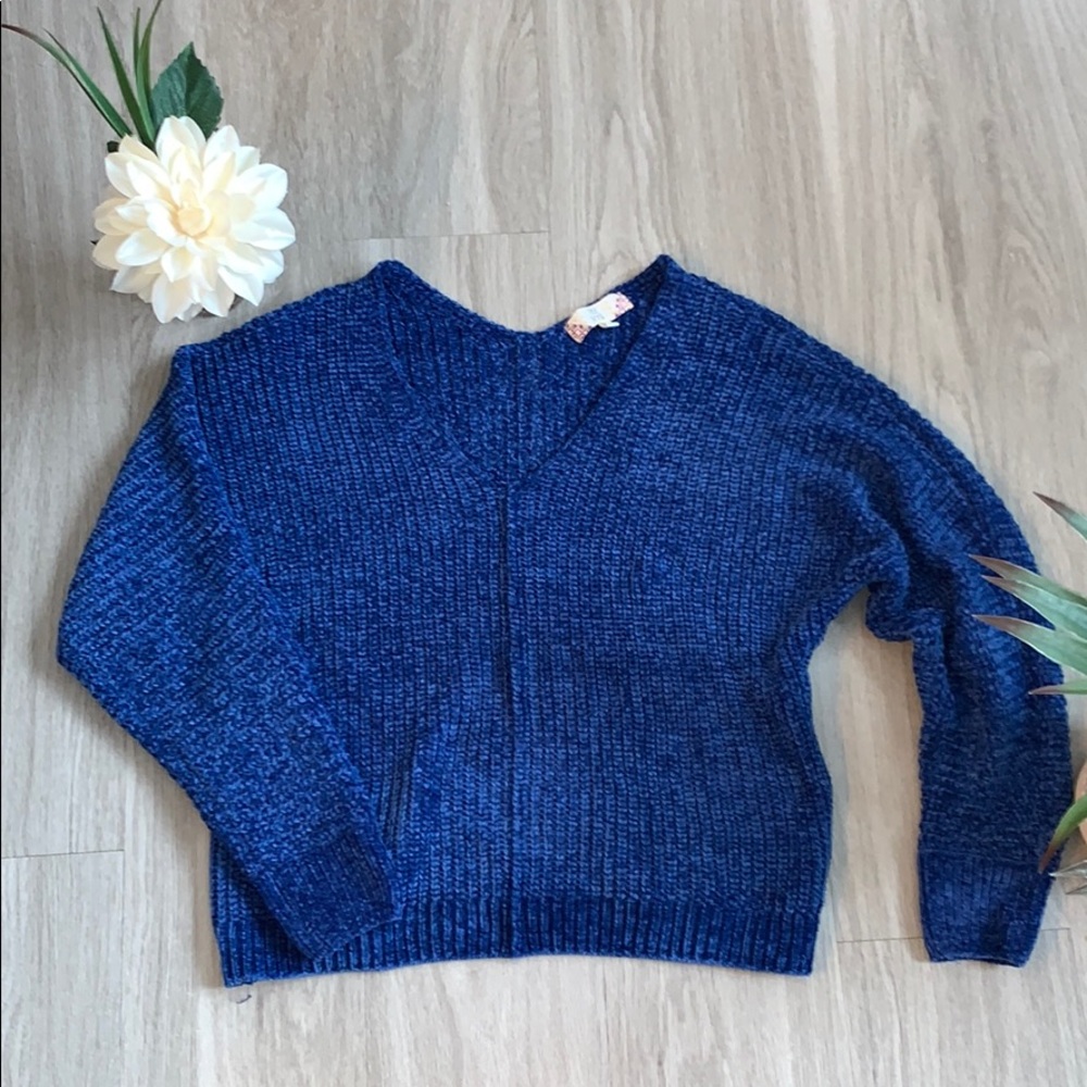 Pink Rose Cerulean Blue Chenille V-Neck Sweater